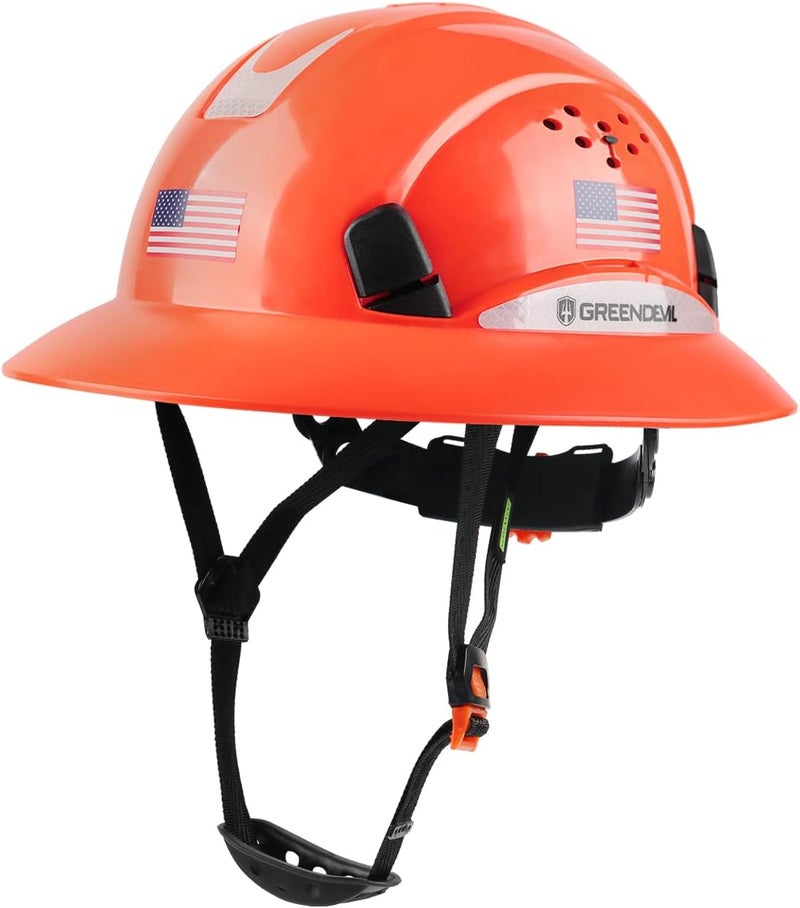GREEN DEVIL Full Brim Hard Hat Vented Construction Safety Helmet OSHA Approved Cascos De Construccion Work Hardhats with Cooling Towel for Men&Women 6 Point Adjustable Ratchet Suspension - Image 1